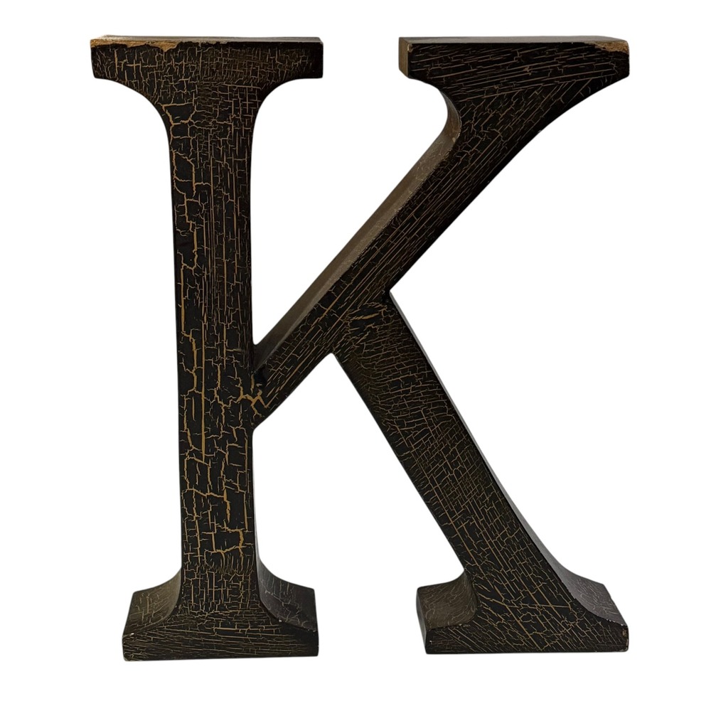 Large Wooden Letter K Crackle Finish Black Gold Rustic Decorative 13.5" x 11.5"